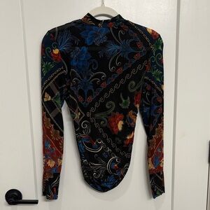 Long-Sleeve Floral Print Women’s Top - Black with Multicolor Floral Pattern